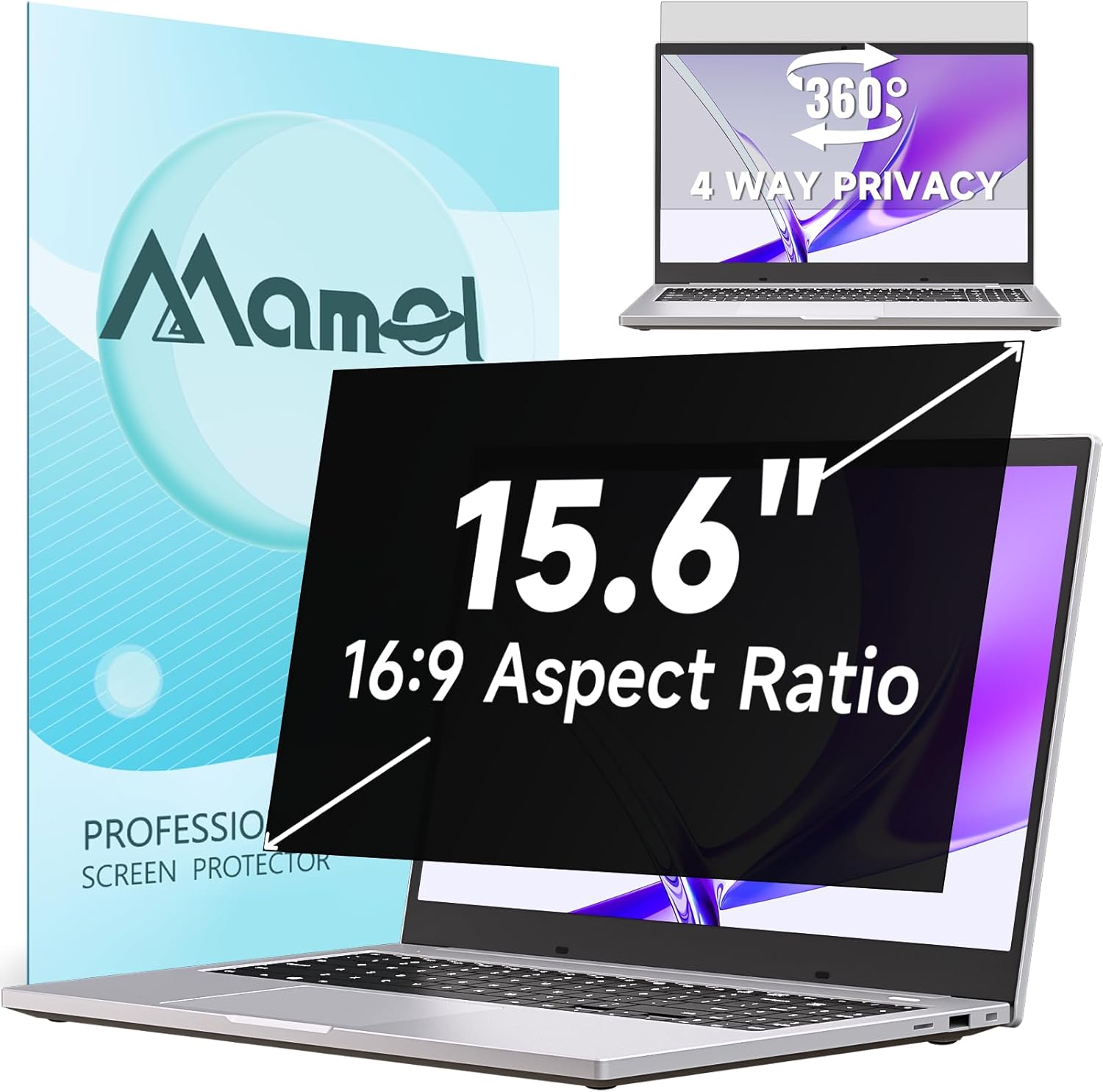 Protescreen 360 degree privacy screen for laptop 15.6 inch front view highlighting the four way anti glare filter shield applied to a screen.