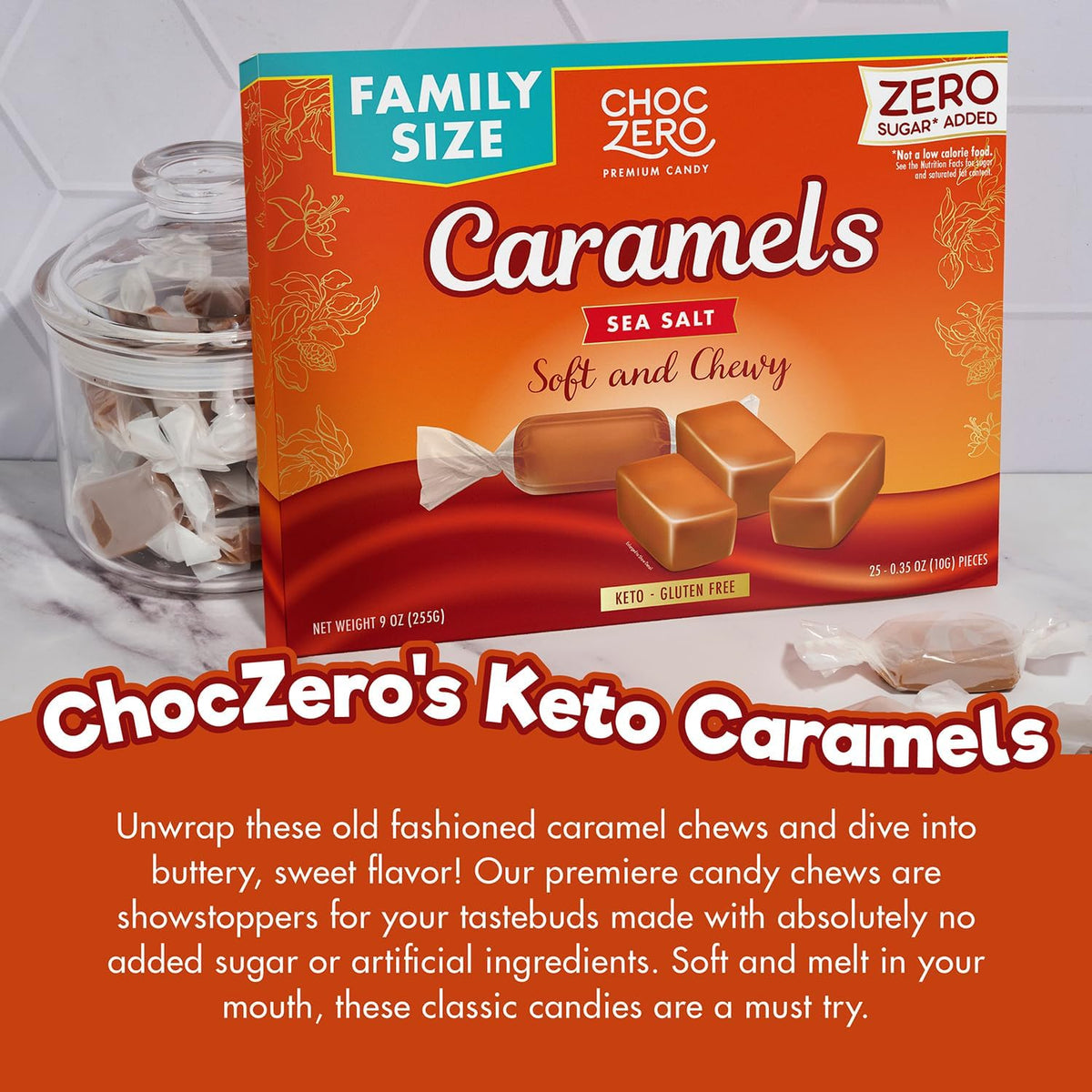 Close up shot of a soft and chewy low carb caramel piece showing its smooth buttery texture