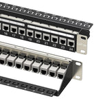 Cable Matters 24 port Cat6A ethernet patch panel front view showing numbered ports