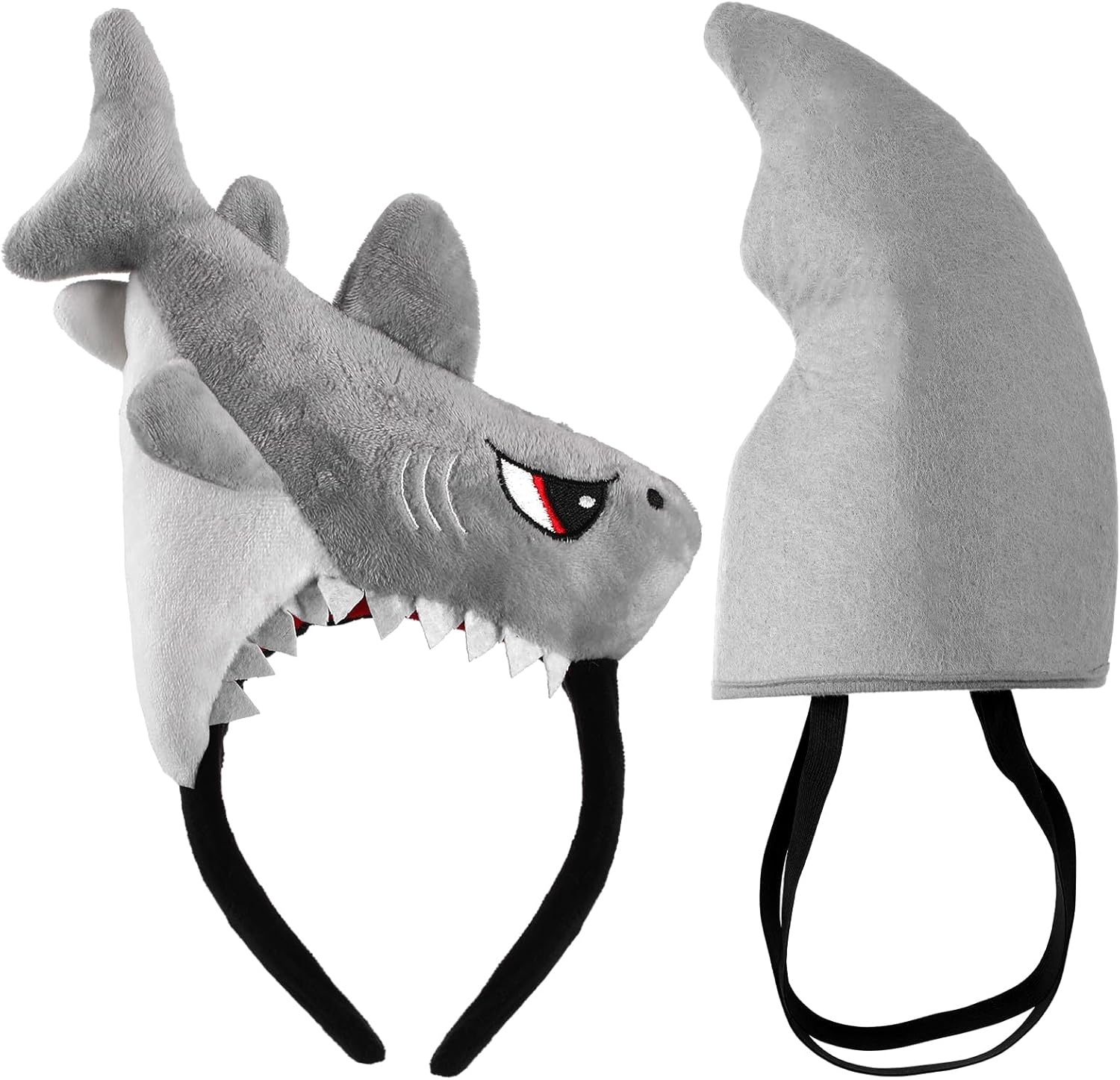 CraftyDream 2 piece shark costume set showing grey plush shark headband and wearable fin front view