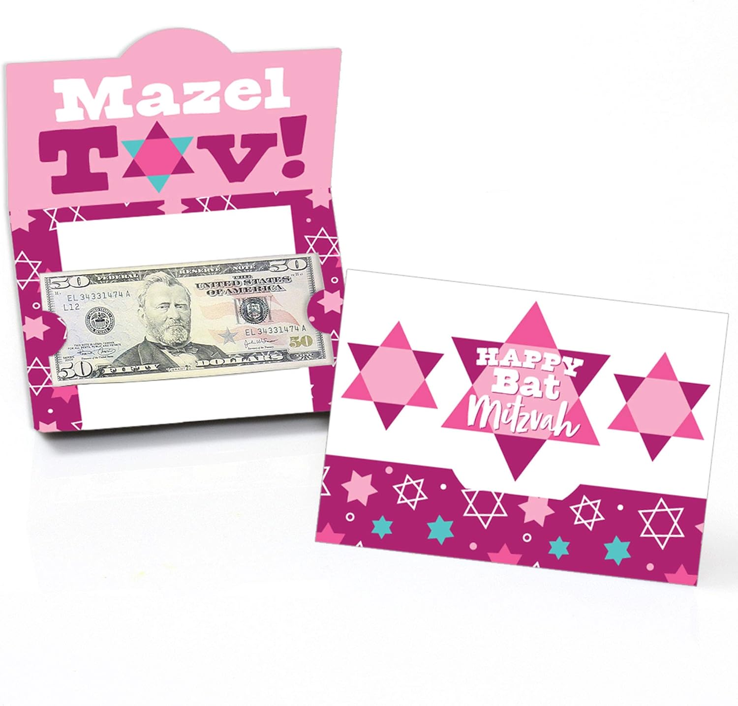 Big Dot of Happiness Pink Bat Mitzvah gift card holders front view