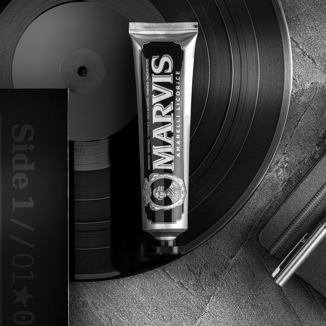 Marvis licorice mint flavor concentrated toothpaste tube displaying plaque and tartar control benefits