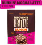 Crispy chocolate mocha latte brownie thins spilling out of a resealable pouch
