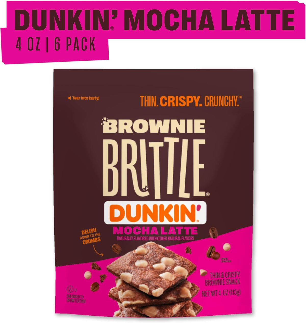 Crispy chocolate mocha latte brownie thins spilling out of a resealable pouch