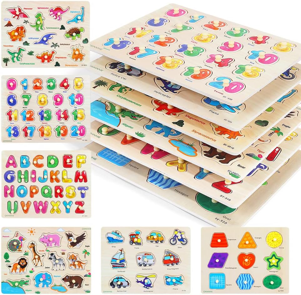 GRINNNIE wooden peg puzzle pack front view showing six educational boards for toddlers