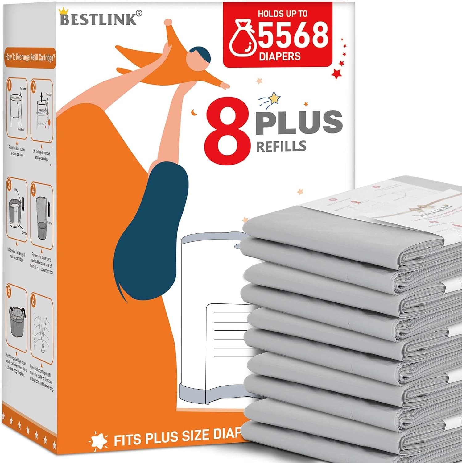 BestLink diaper pail refills front view showing 8 pack bundle for nursery odor control.