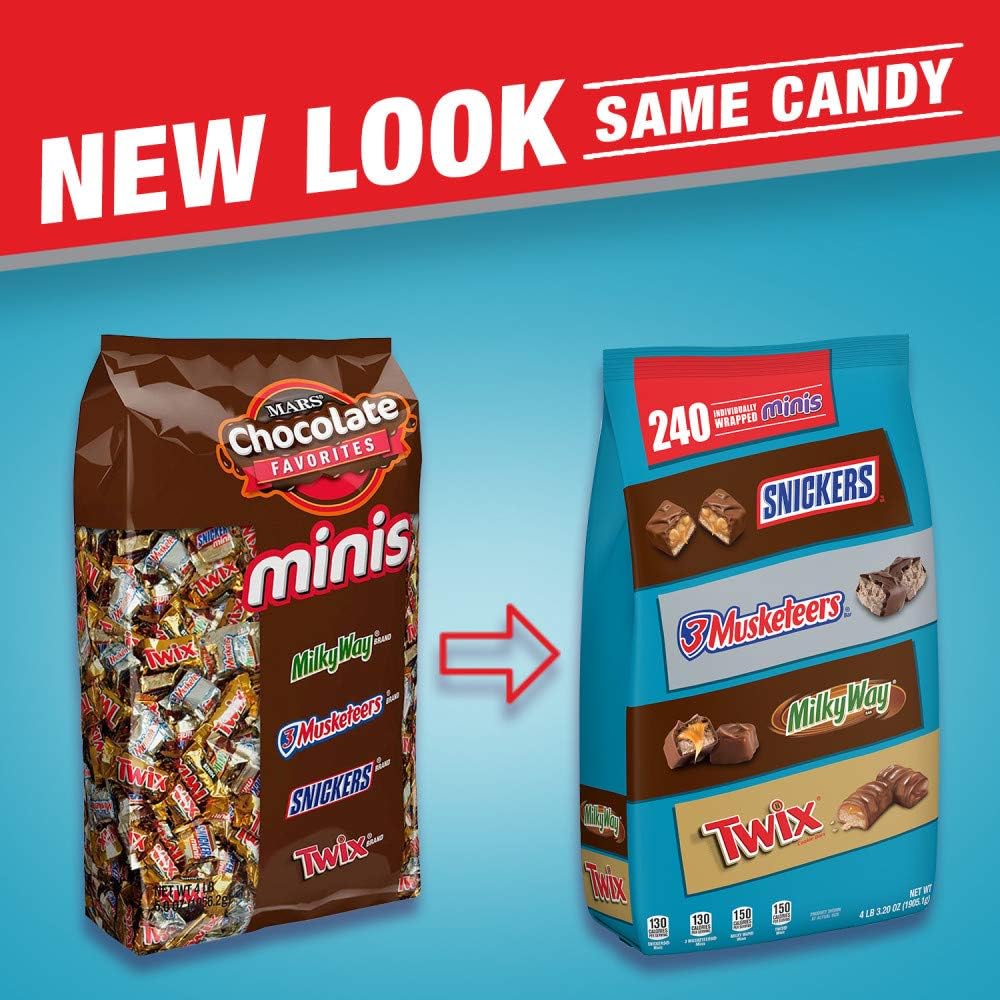 Snickers Twix 3 Musketeers and Milky Way mini chocolate bars spilled out of packaging