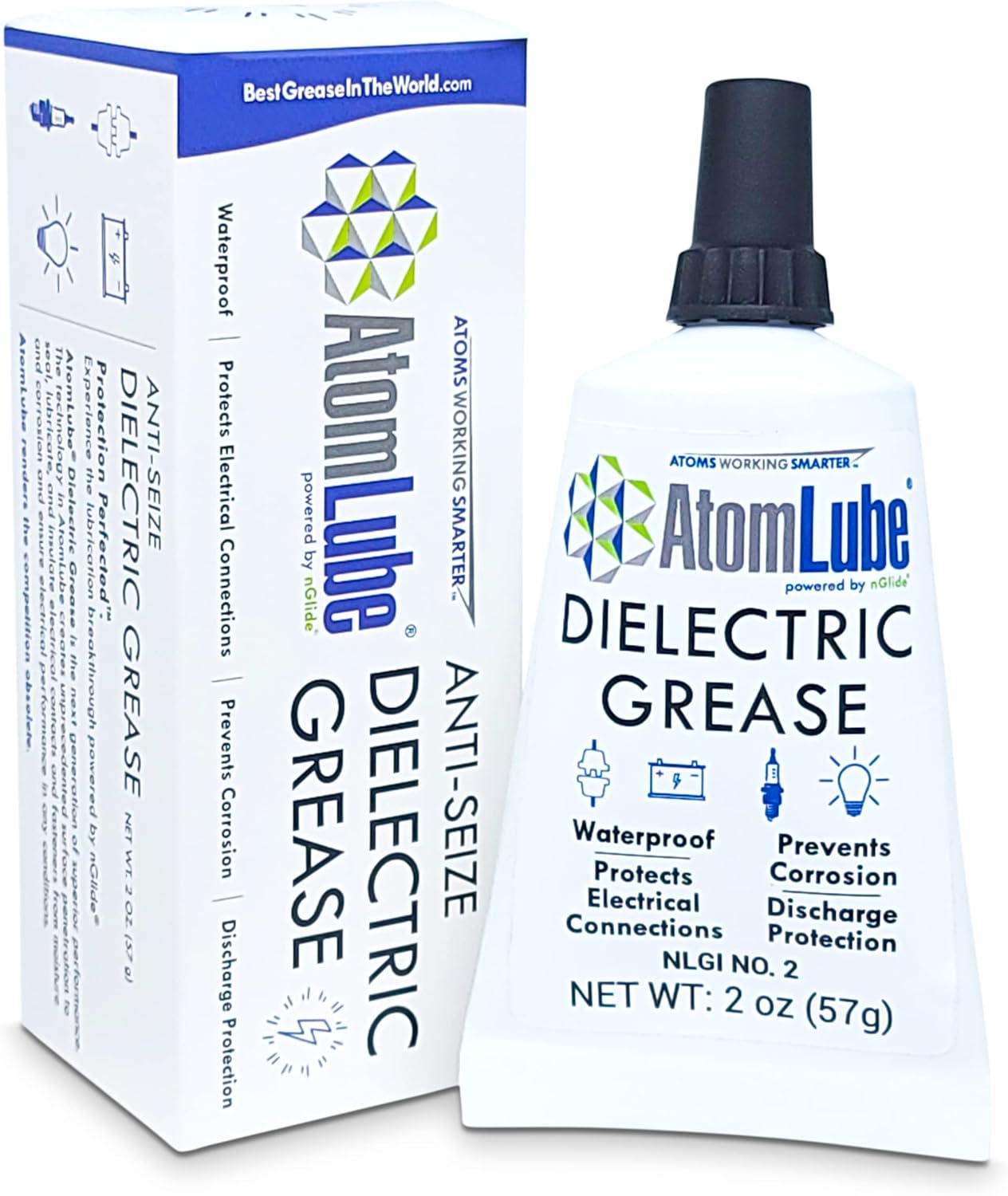 AtomLube dielectric grease two ounce tube front view showcasing premium waterproof packaging.