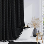 Dynamene boho farmhouse shower curtain front view hanging in modern bathroom