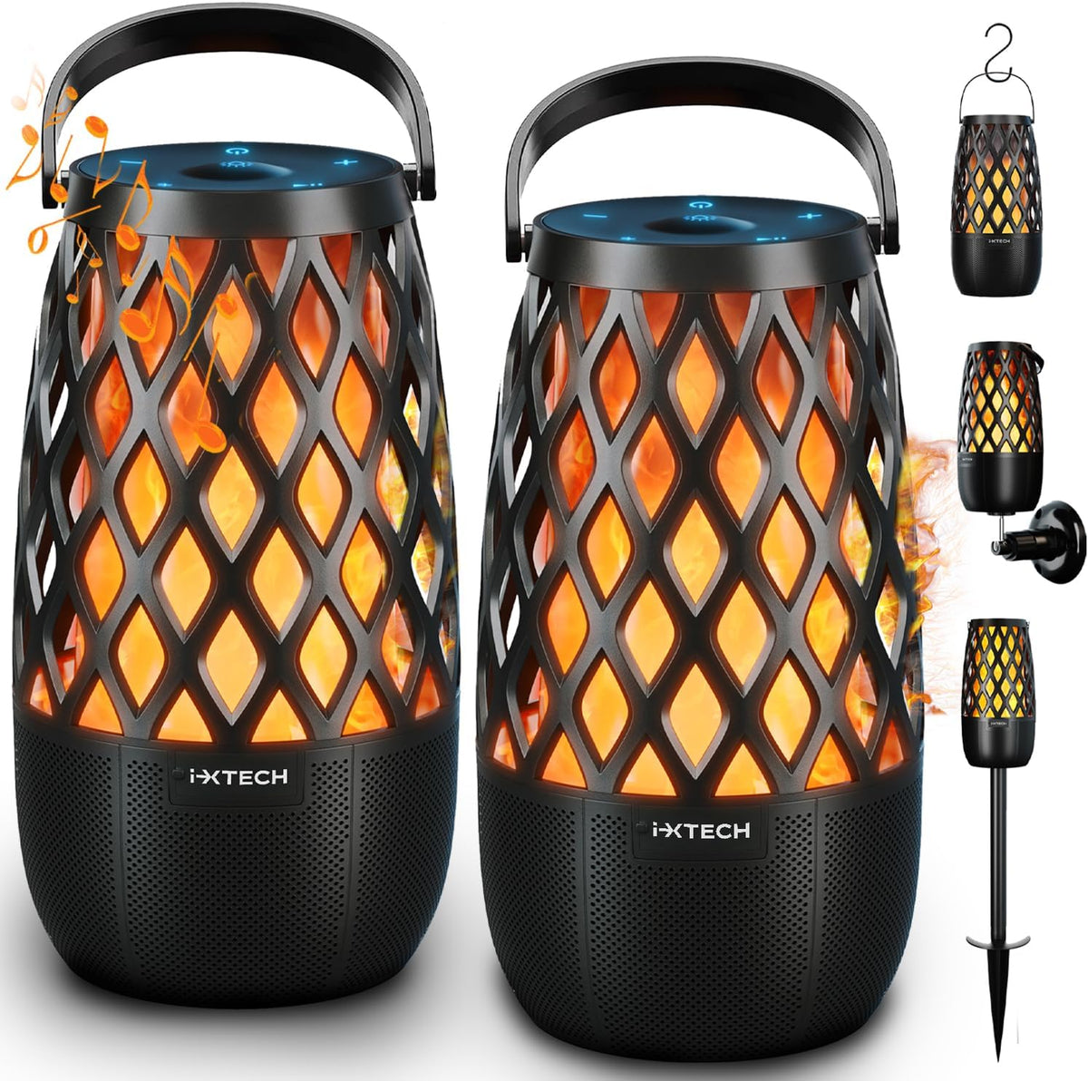 IXTECH outdoor bluetooth speaker front view showing realistic LED flame light effect