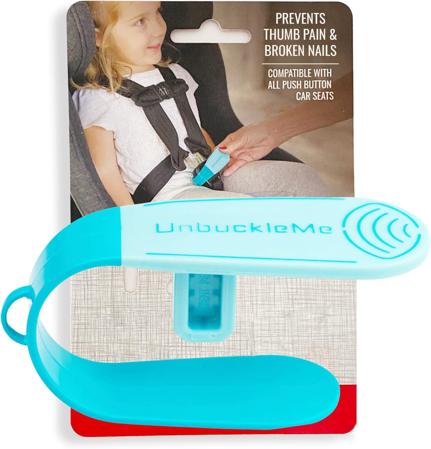 UnbuckleMe car seat buckle release tool in aqua front view showcasing ergonomic leverage design.