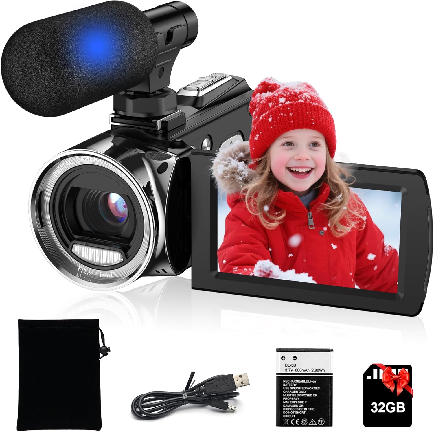 Rumyums UHD 4K vlogging camcorder front view with microphone