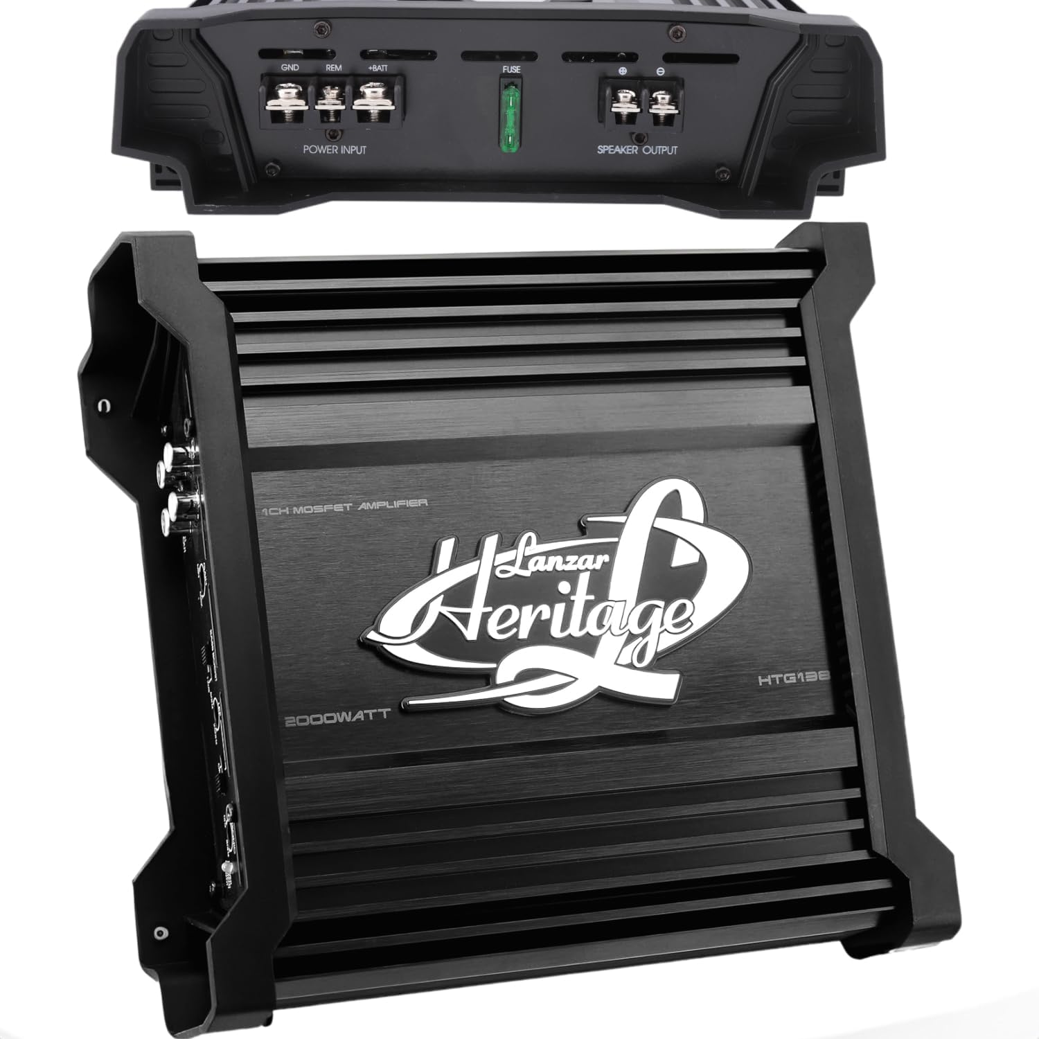 Lanzar Heritage HTG138 monoblock car audio amplifier front view showing sleek metallic finish.