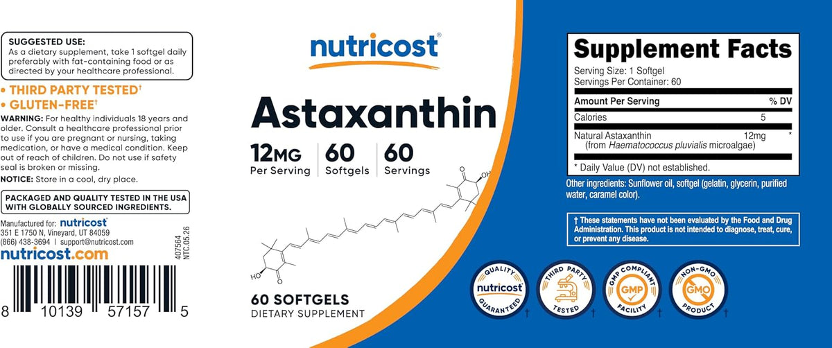 Nutricost astaxanthin bottle cap and safety seal packaging
