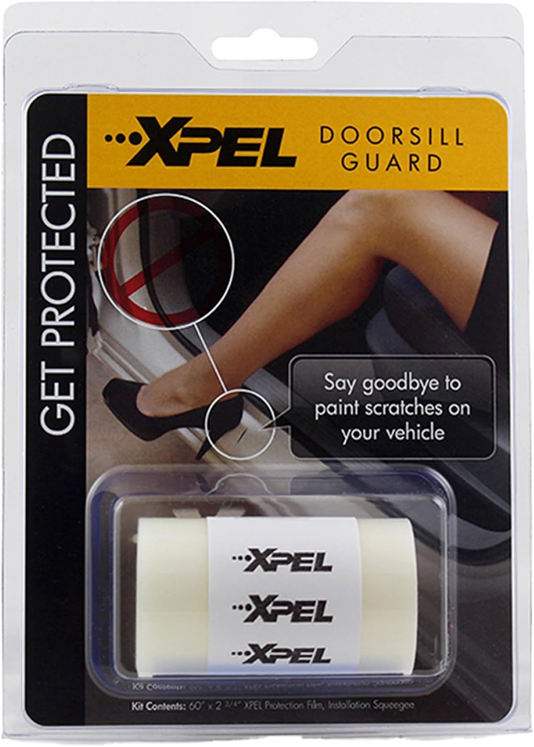 XPEL Clear Universal Door Sill Guard front view packaging showing the clear film roll and squeegee.