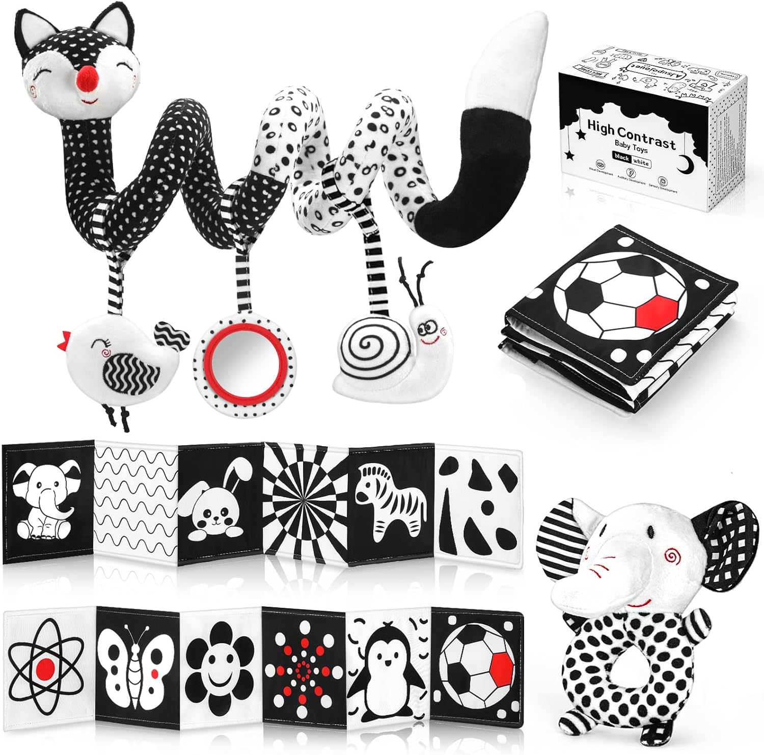 AJsupojouet high contrast black and white baby toys 3 piece set front view showing hanging stroller spiral and soft cloth book