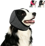 Yetary noise cancelling dog ear wrap front view on a pet for anxiety relief.