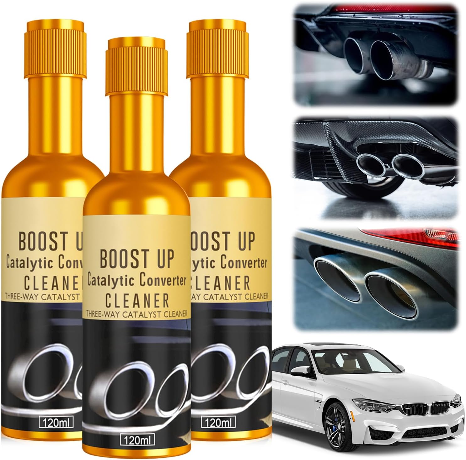 Omaky Stray Poet Catalytic Converter Cleaner front view of three pieces set showing product packaging details.