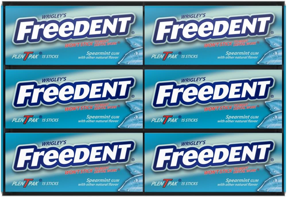 Side view of Freedent bulk chewing gum package detailing ingredients and non stick feature.