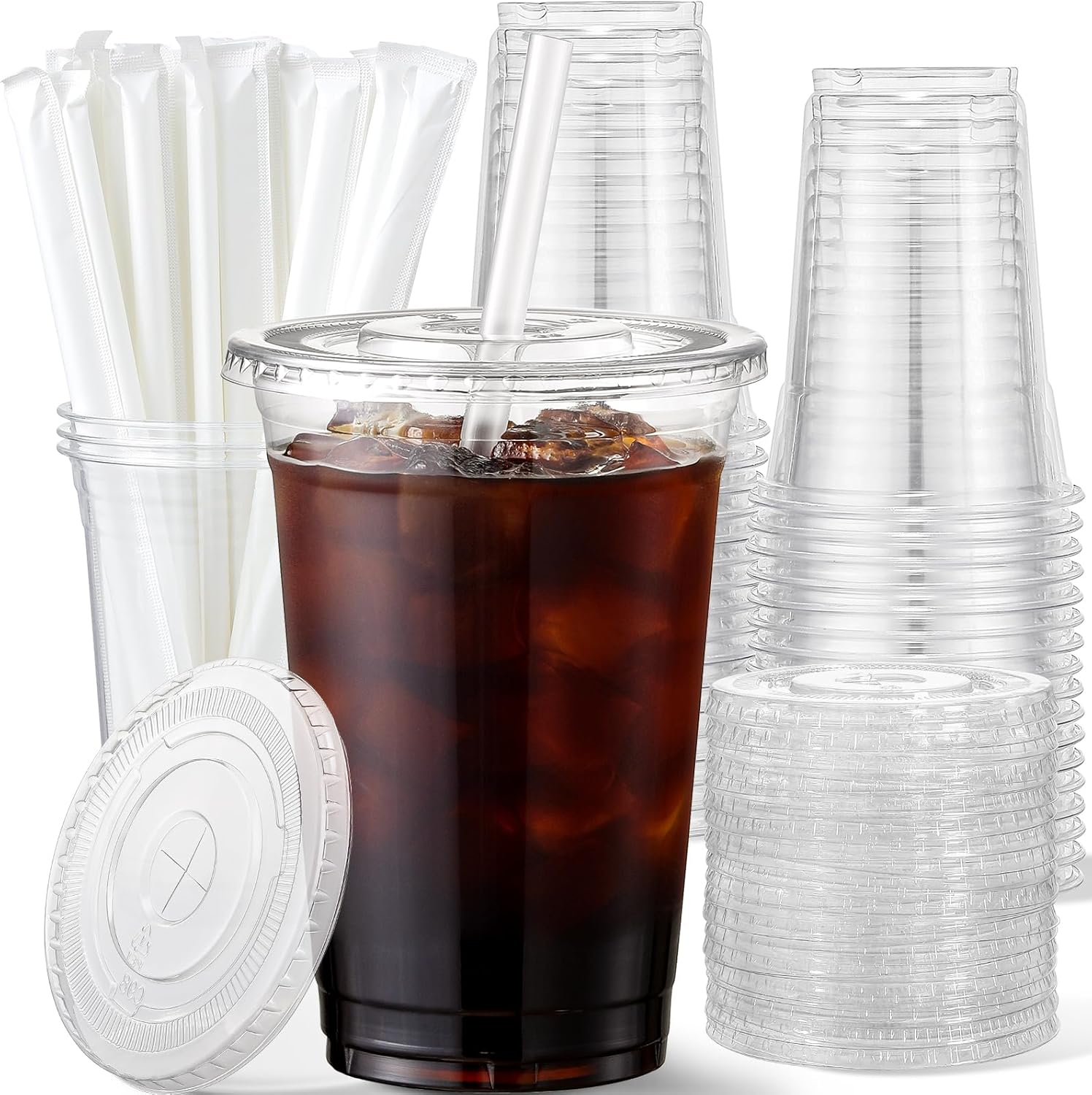 Aozita 16 ounce plastic cups with lids and straws front view