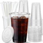 Aozita 16 ounce plastic cups with lids and straws front view