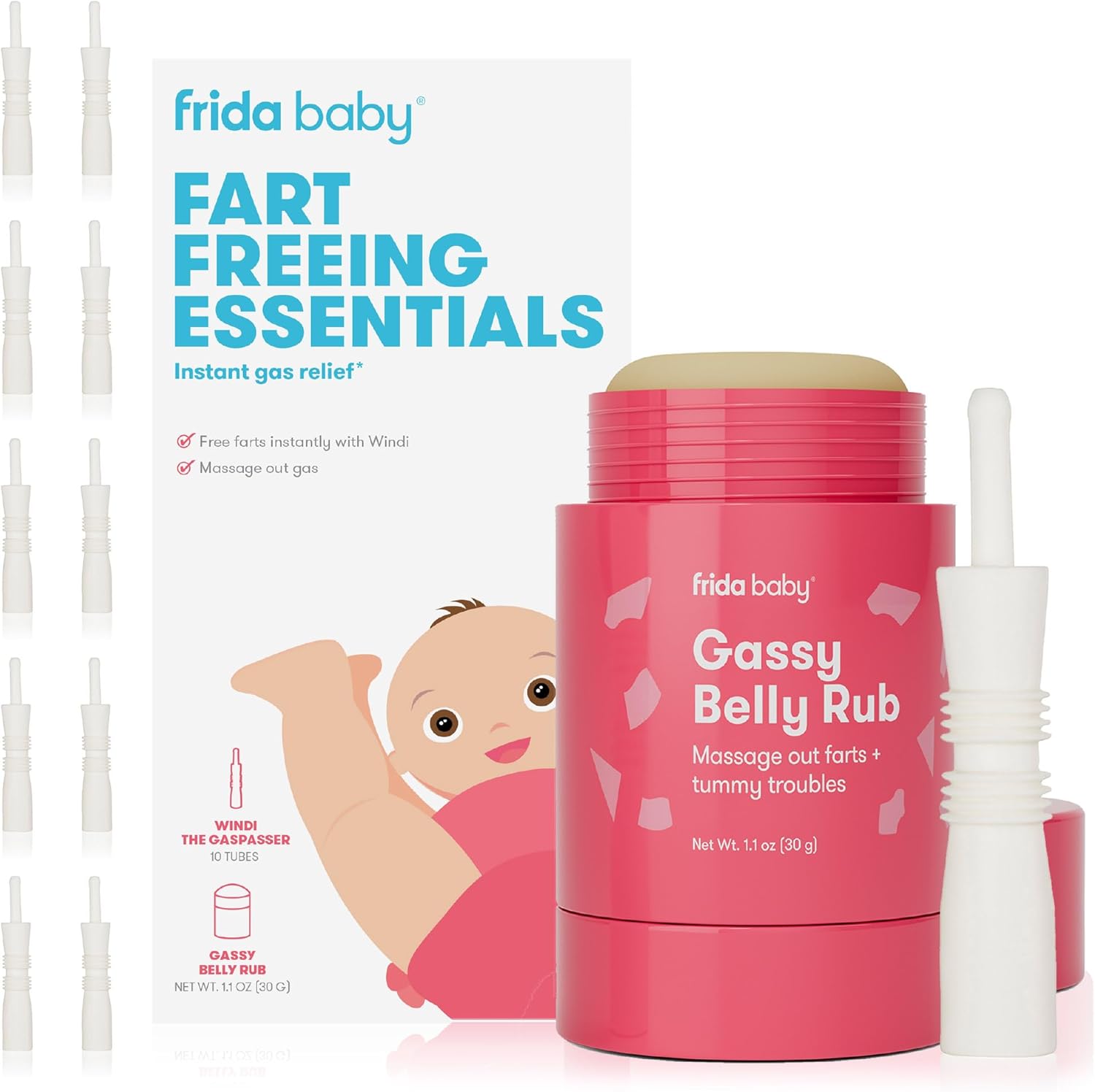 Frida Baby Fart Freeing Essentials kit front view featuring Windi tubes and Gassy Belly Rub