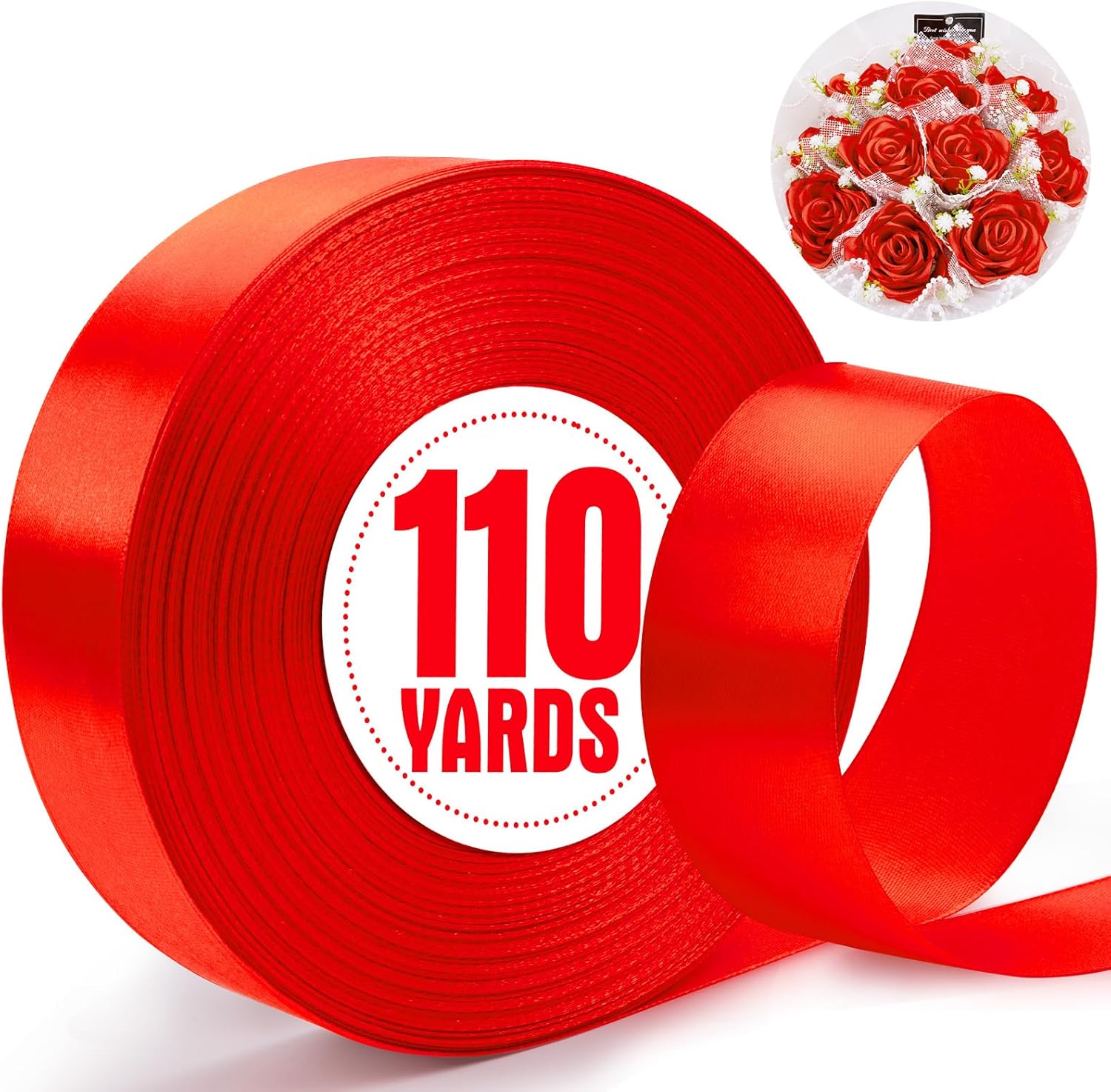 Xseino 110 yard red satin ribbon spool front view