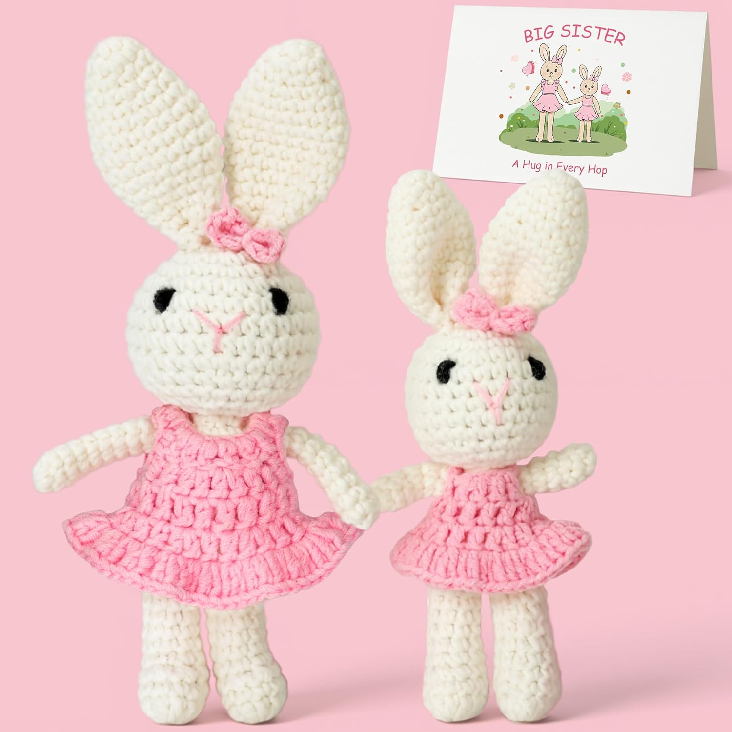 Splandiant Big Sister Little Sister crochet matching plush dolls front view in luxury pink gift box packaging.