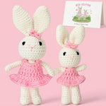 Splandiant Big Sister Little Sister crochet matching plush dolls front view in luxury pink gift box packaging.
