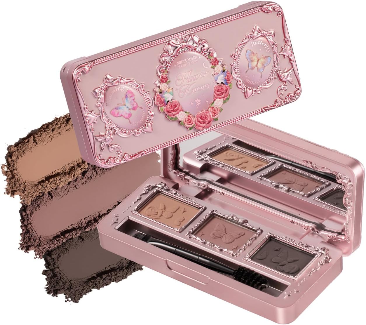 Flower Knows Midsummer Fairytales Eyebrow Palette front view showing the antique jewel casket packaging design.