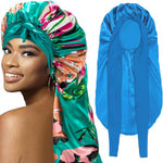 2Pcs Bonnets for Black Women Braid Bonnet, Large Long Satin Bonnet for Braids, Silk Bonnet with Stretchy Tie Band Sleep Cap Hair (2Pcs-Black&Blue) - Image 13