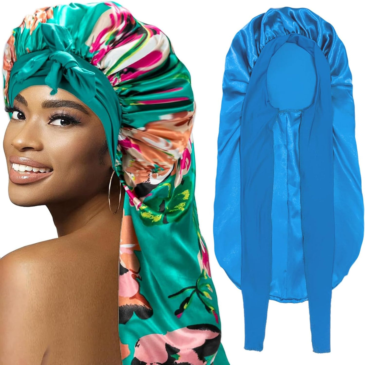 2Pcs Bonnets for Black Women Braid Bonnet, Large Long Satin Bonnet for Braids, Silk Bonnet with Stretchy Tie Band Sleep Cap Hair (2Pcs-Black&Blue) - Image 13