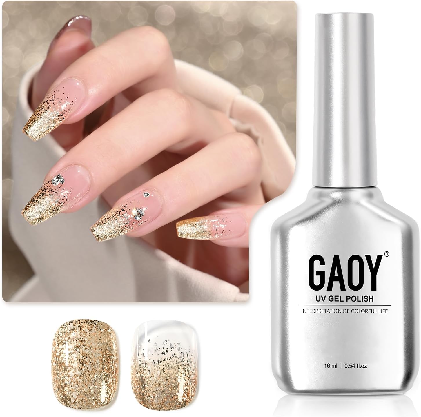 GAOY Glitter Gel Nail Polish, 16ml Gold Sparkly Gel Polish, Diamond Shiny Glitter Soak Off UV Light Cure for Nail Art DIY at Home, 1991 - Image 1
