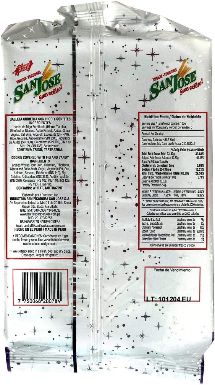 Side view of five hundred grams box of authentic Turron Dona Pepa by San Jose with imported labels.