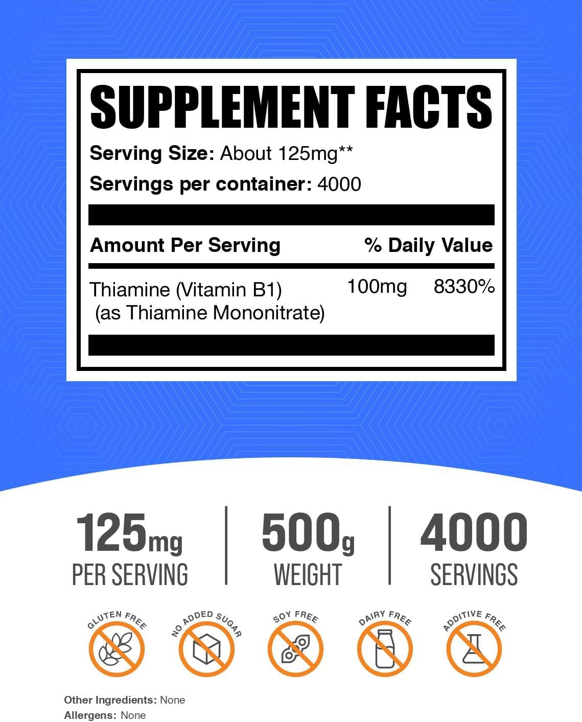 BulkSupplements Vitamin B1 supplement powder packaging details and nutrition facts label