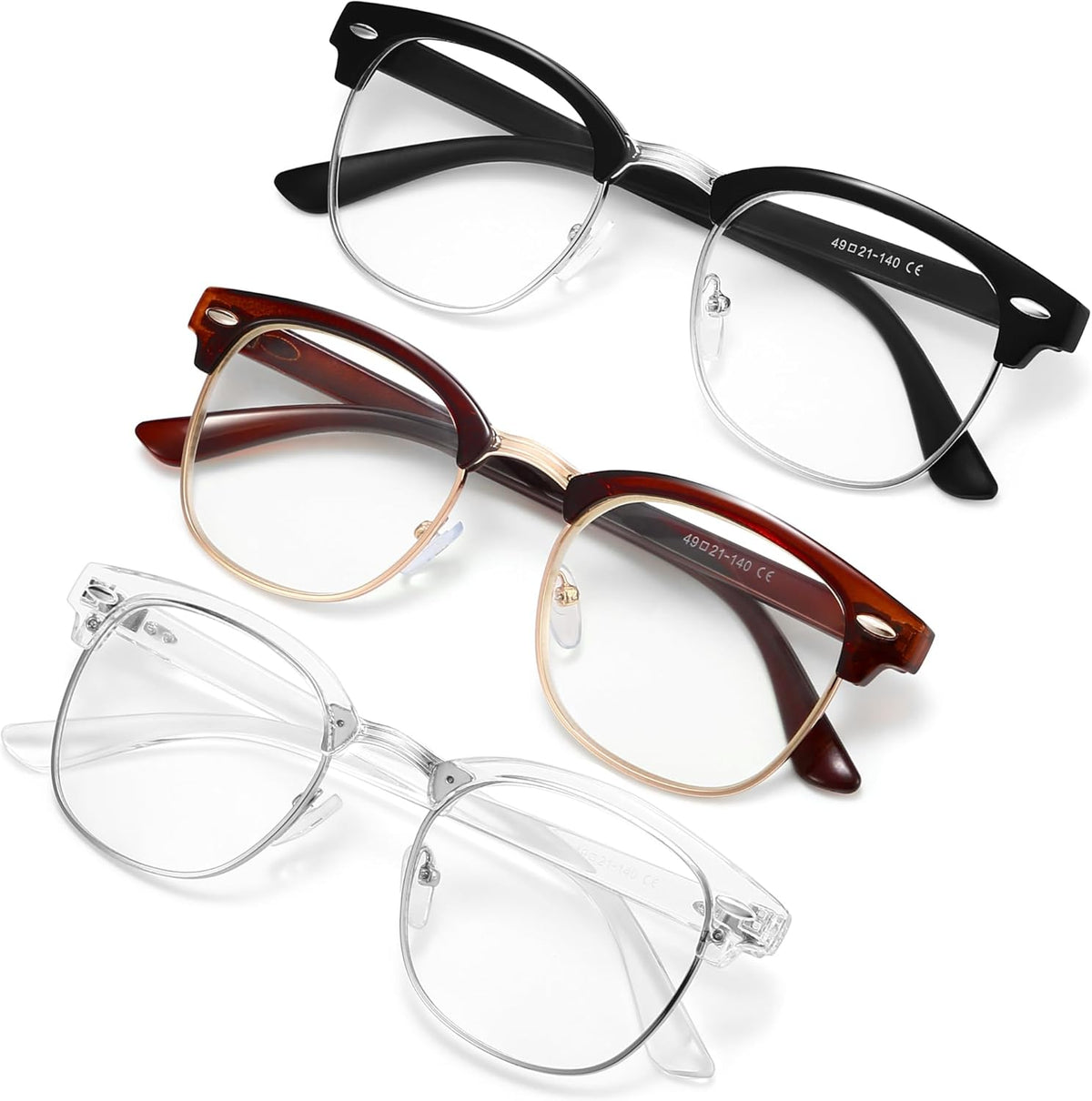 Racico blue light blocking glasses front view showing black clubmaster half rim frame style.
