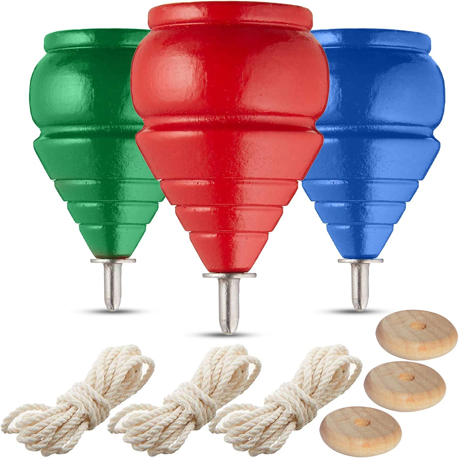 Yajua authentic wooden spinning tops set of three front view