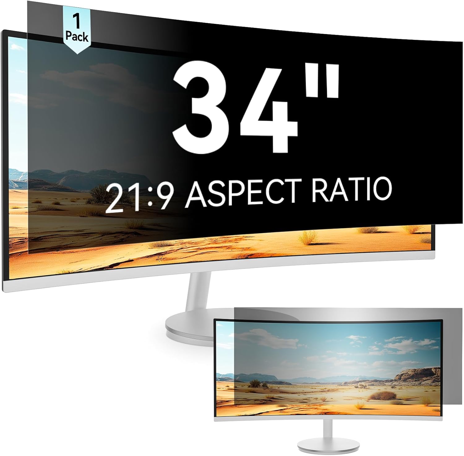 Mamol 34 inch curved computer privacy screen filter fitted on an ultrawide desktop monitor showing front view clarity