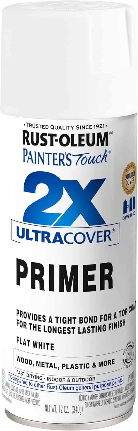 Rust-Oleum Painter's Touch 2X Ultra Cover Spray Primer Flat White front view aerosol can