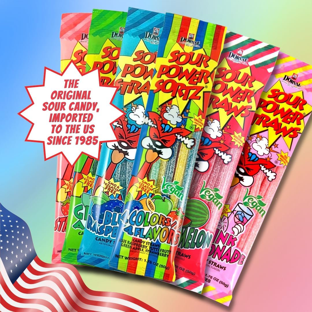 Six packs of Sour Power soft and chewy imported candy straws.