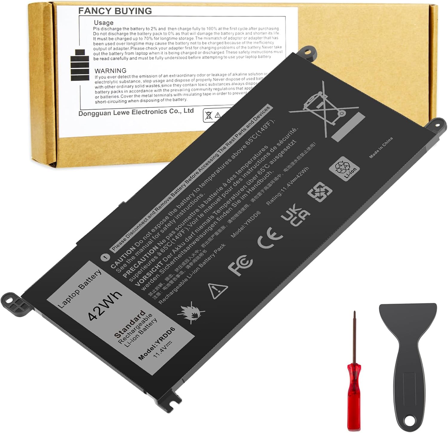Wistar YRDD6 replacement laptop battery front view showcasing the sleek black protective casing layout