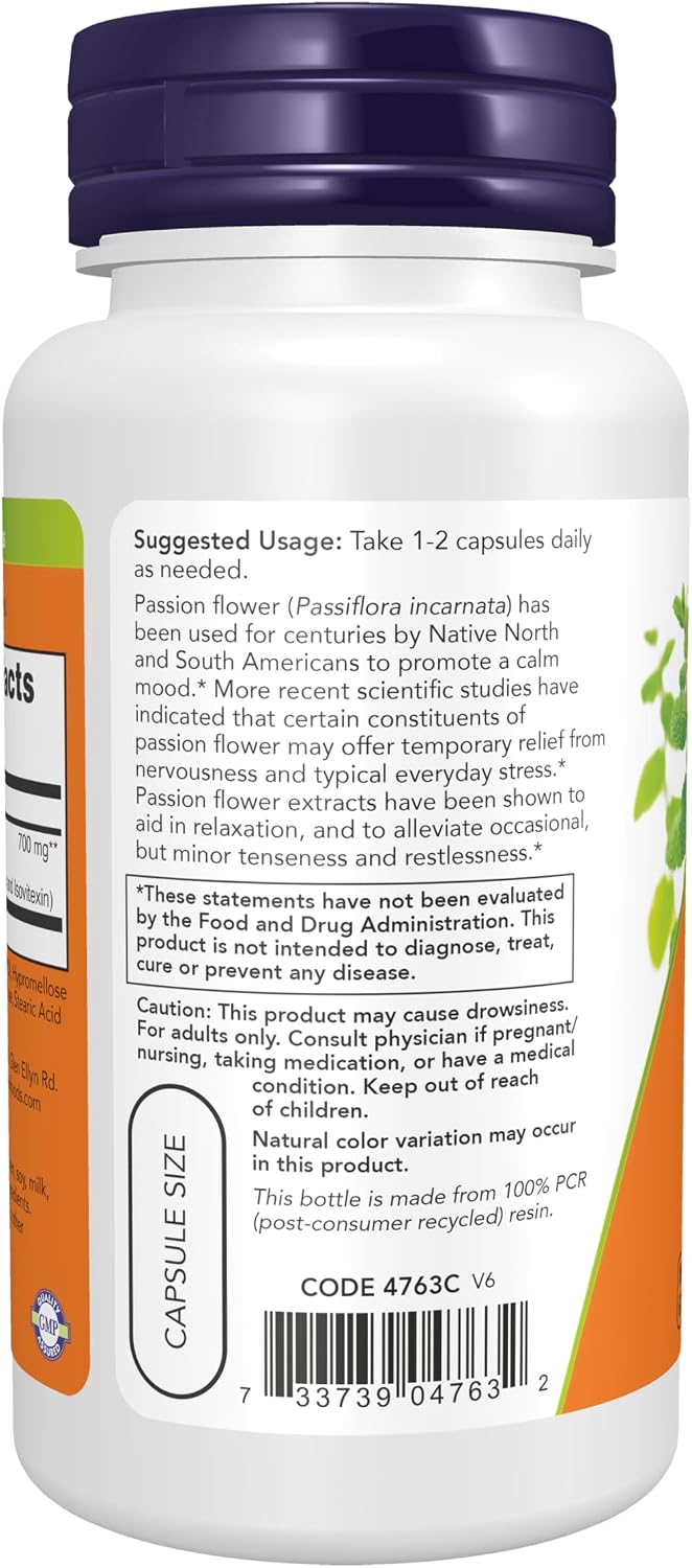 Now Foods passion flower extract bottle showing capsule count and serving size