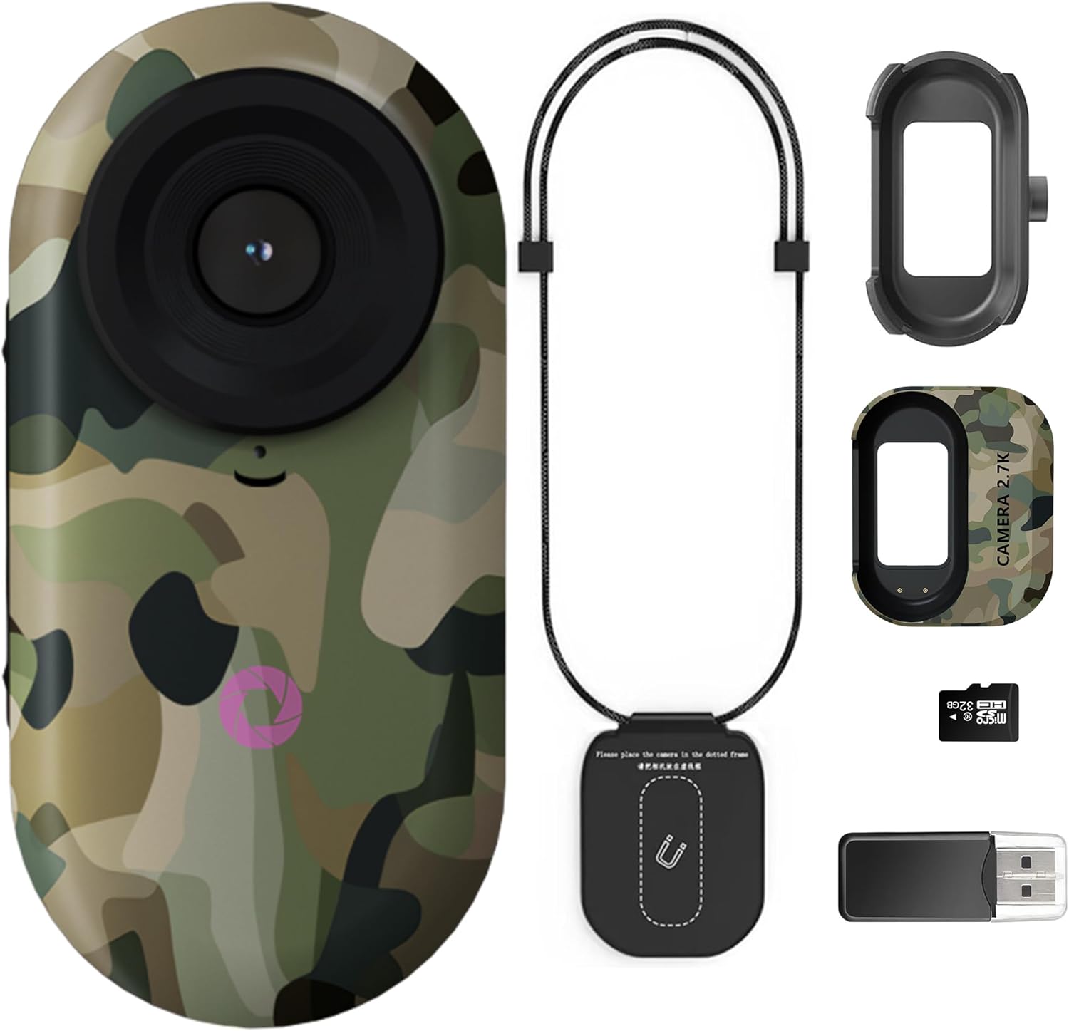 Lenane 2.7K Mini Body Camera front view showing the macro lens and compact thumb-sized design.