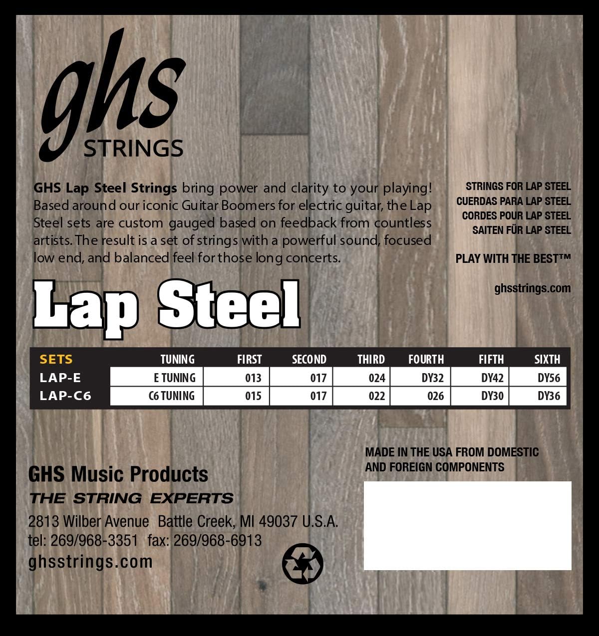 GHS lap steel guitar strings custom light C6 tuning string gauges label