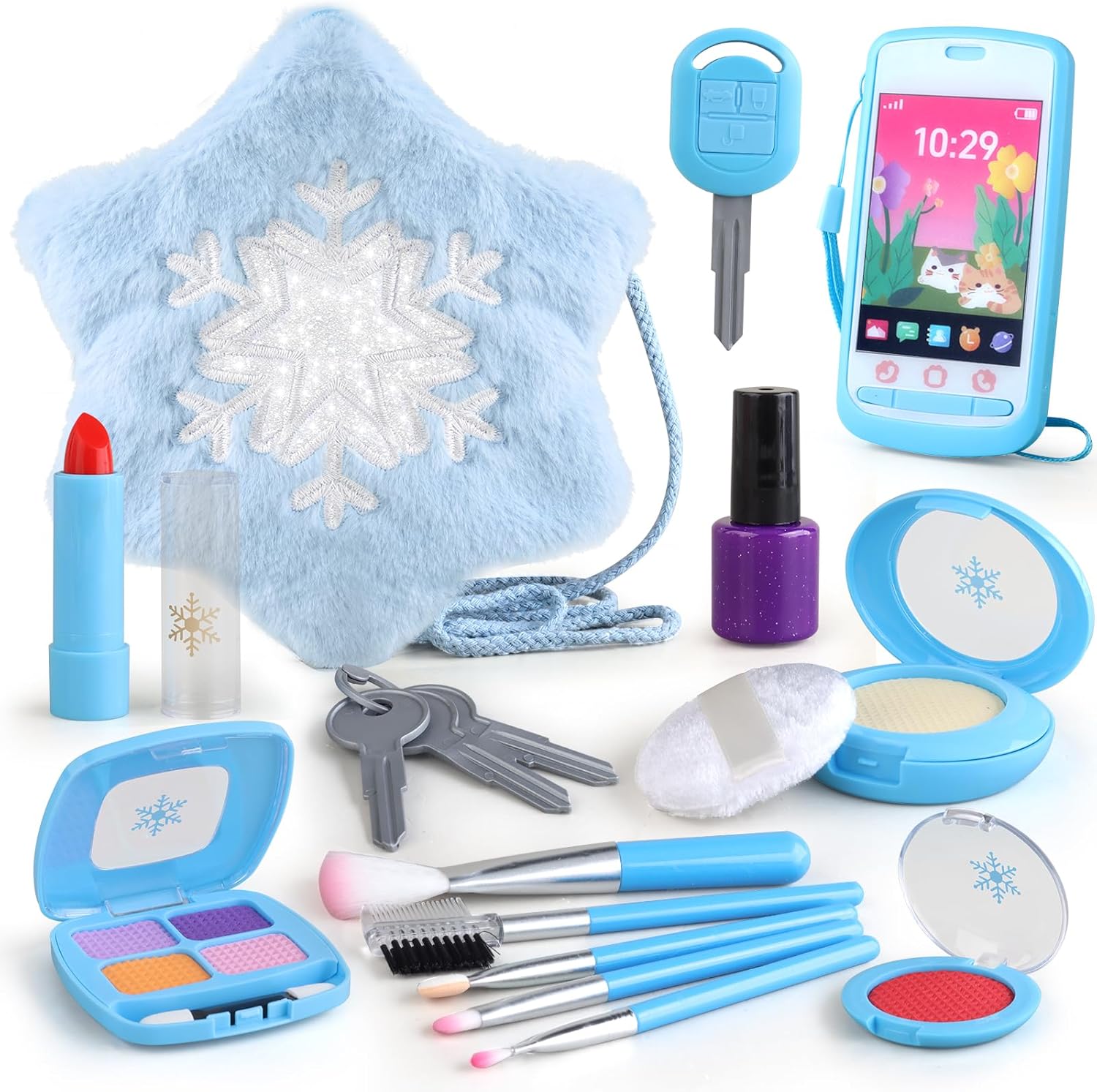 Woumserta pretend play makeup toy set front view showcasing plush blue snowflake handbag