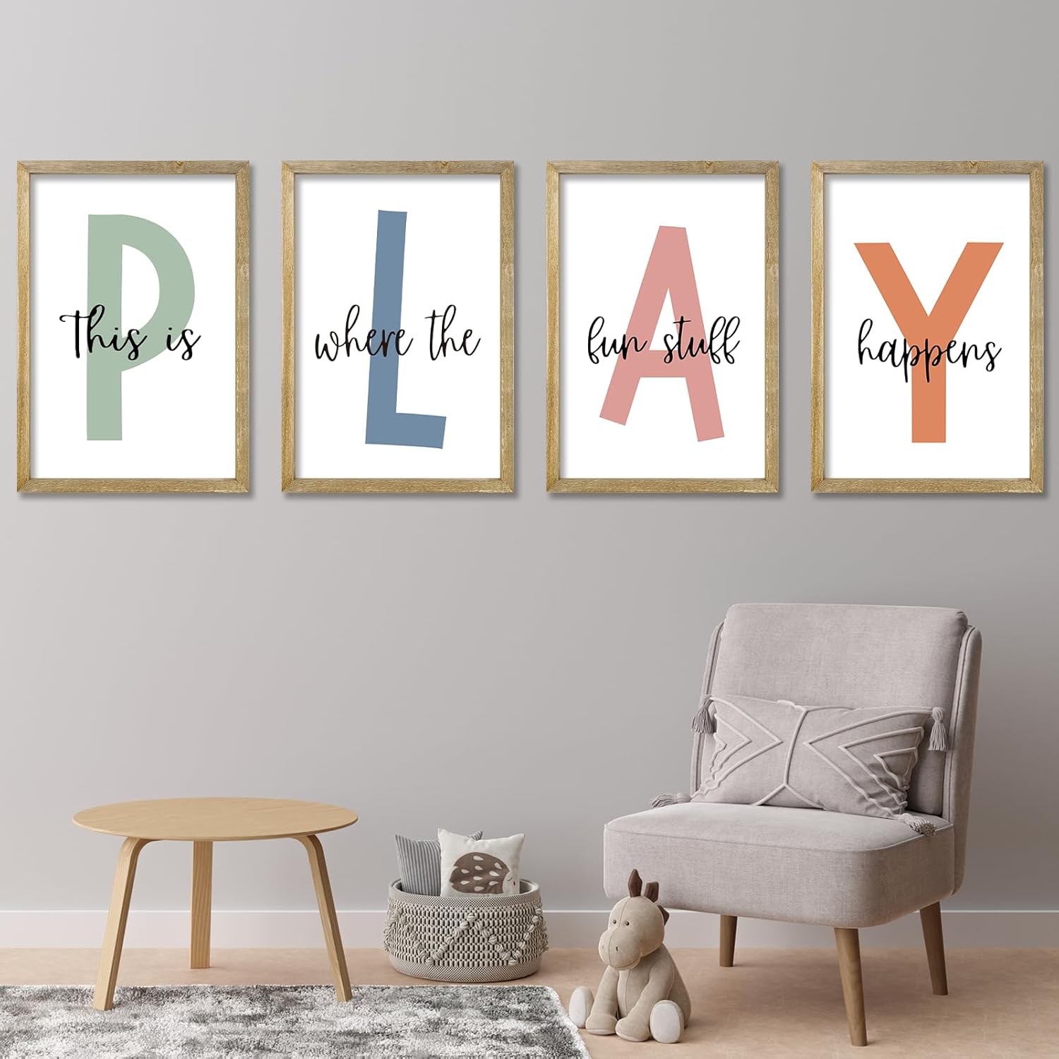 LuZhiQiang Kids Playroom Wall Art Decor front view showing the four rustic wood framed signs on a nursery wall.