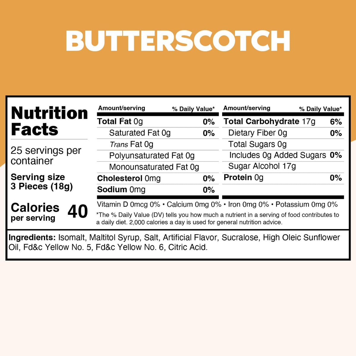Close up of Taboom sugar free butterscotch candy wrapper