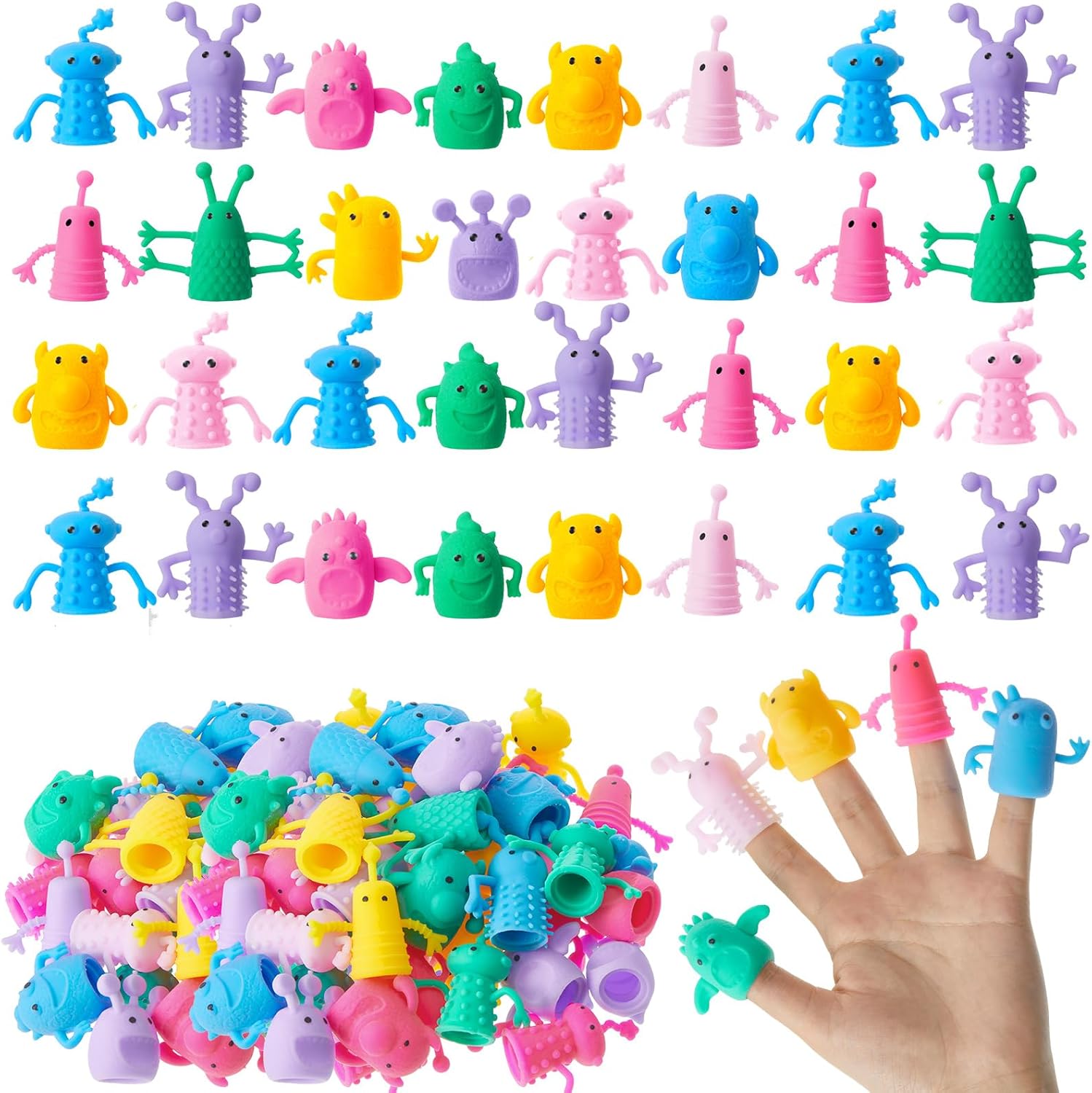 Junkin monster finger puppet toys set front view showcasing multiple colorful soft rubber characters.