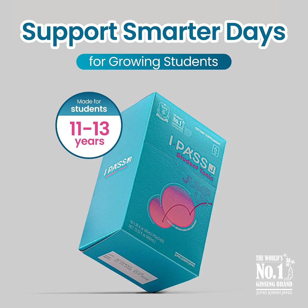 JungKwanJang i-Pass Junior 30 pouches packaging details highlighting the nutritional benefits for focus and immune support.