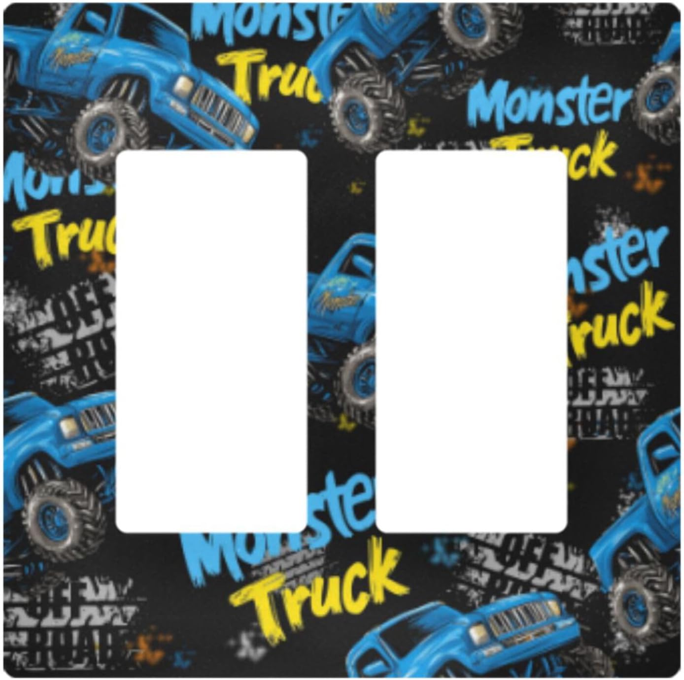 Pfrewn monster truck wall plate cover front view featuring a blue truck grunge graphic.